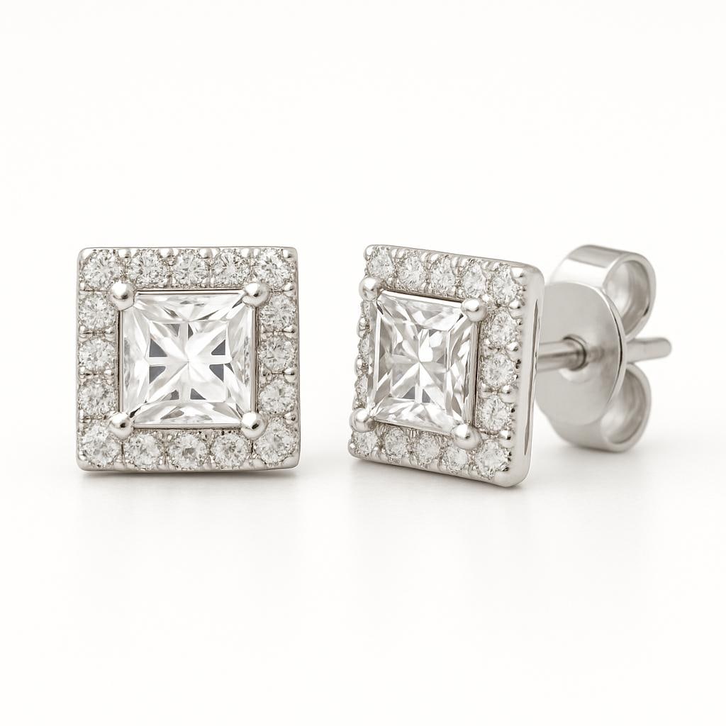 3 CT Lab Grown Princess Cut Diamond Halo Stud Earrings in 14K White Gold: Chic 3 carat total weight lab grown princess cut diamond studs, each surrounded by a halo of lab grown round diamonds. Set in 14K white gold with secure push-back closures, combining brilliance with e