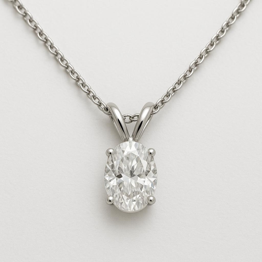 4 CT Lab Grown Oval Cut Diamond Solitaire Pendant in 14K White Gold: Elegant 4 carat lab grown oval cut diamond solitaire pendant, set in a secure prong mounting. Crafted in 14K white gold with a sleek high-polish finish, suspended on a refined chain for a timeless and