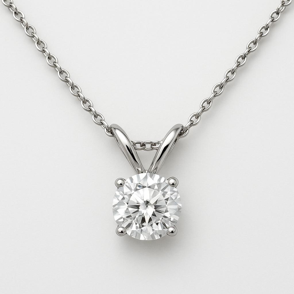 3.50 CT Lab Grown Round Brilliant Diamond Solitaire Pendant in 14K White Gold: Classic 3.50 carat lab grown round brilliant cut diamond solitaire pendant, mounted in a secure prong setting. Crafted in 14K white gold with a high-polish finish, suspended on a refined chain for tim