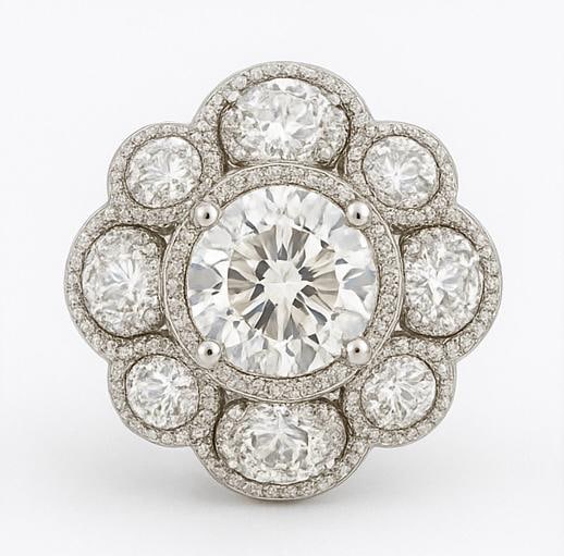 7.50 CT Lab Grown Round Brilliant Diamond Floral Brooch in 14K White Gold: Exquisite 7.50 carat lab grown round brilliant cut diamonds arranged in a stunning floral design. The brooch features a large center diamond surrounded by multiple lab grown round diamonds, each haloe