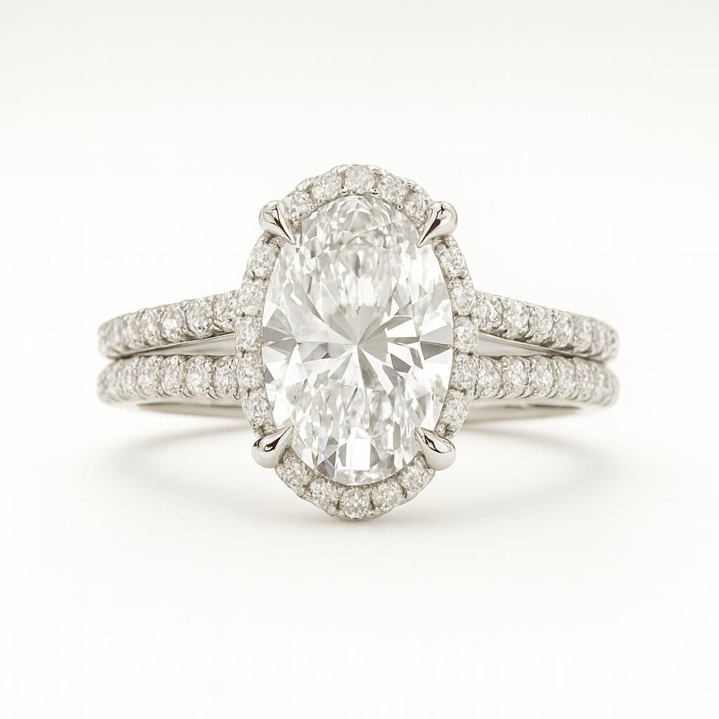 7.50 CT Lab Grown Oval Cut Diamond Halo Ring with Double Pavé Band in 14K White Gold: Stunning 7.50 carat lab grown oval cut diamond centerpiece, encircled by a halo of sparkling lab grown round diamonds. The double pavé-set diamond band enhances brilliance and adds luxurious detail, 