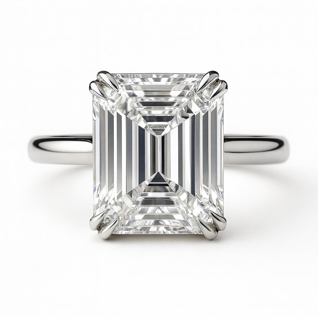 10 CT Lab Grown Emerald Cut Diamond Solitaire Ring in 14K White Gold: Magnificent 10 carat lab grown emerald cut diamond solitaire, mounted in a secure four-prong setting. Crafted in 14K white gold with a sleek high-polish band, designed for bold brilliance and timeless
