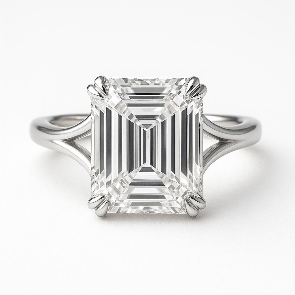 5.50 CT Lab Grown Emerald Cut Diamond Solitaire Ring with Split Shank in 14K White Gold: Elegant 5.50 carat lab grown emerald cut diamond solitaire, mounted in a secure four-prong setting. The split shank band crafted in 14K white gold adds a touch of modern elegance while enhancing the b