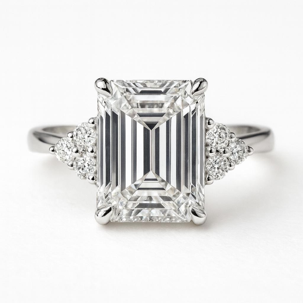 10 CT Lab Grown Emerald Cut Diamond Ring with Round Side Stones in 14K White Gold: Magnificent 10 carat lab grown emerald cut diamond centerpiece, flanked by clusters of lab grown round brilliant side diamonds for added sparkle. Crafted in 14K white gold with a polished finish, comb