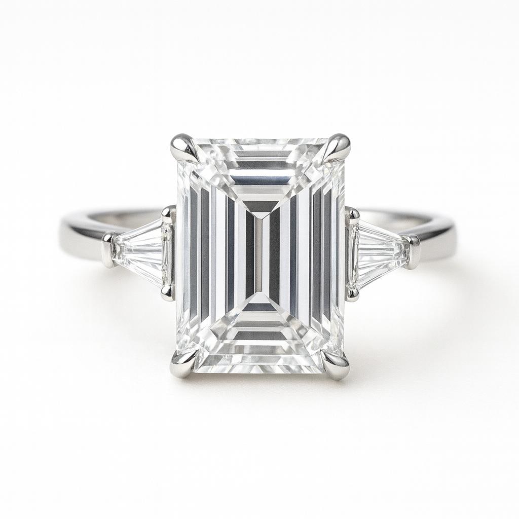 7.50 CT Lab Grown Emerald Cut Diamond Ring with Tapered Baguette Side Stones in 14K White Gold: Elegant 7.50 carat lab grown emerald cut diamond centerpiece, accented by tapered baguette side stones for a classic three-stone look. Expertly crafted in 14K white gold with a polished finish, combin