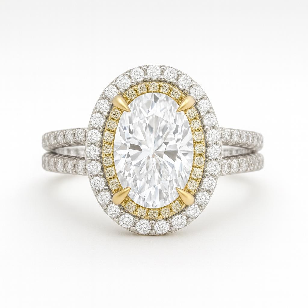 5 CT Lab Grown Oval Cut Diamond Double Halo Ring with Pavé Band in 14K Two-Tone Gold: Stunning 5 carat lab grown oval cut diamond centerpiece, surrounded by a double halo of lab grown round diamonds with yellow and white gold detailing. Yellow gold prongs highlight the center stone, wh