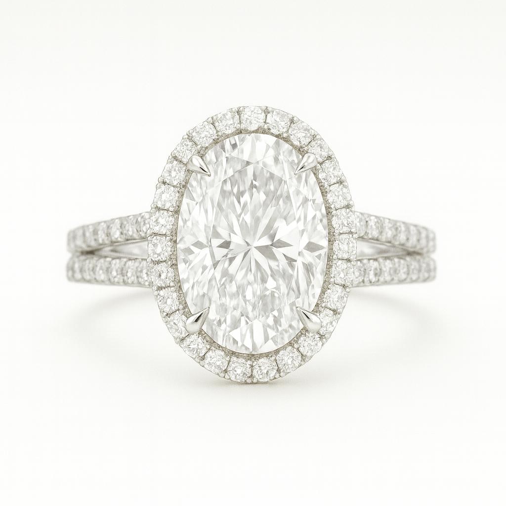 10 CT Lab Grown Oval Cut Diamond Halo Ring with Double Pavé Band in 14K White Gold: Magnificent 10 carat lab grown oval cut diamond centerpiece, framed by a halo of sparkling lab grown round diamonds. The double pavé-set diamond band adds brilliance and luxury, all crafted in 14K wh
