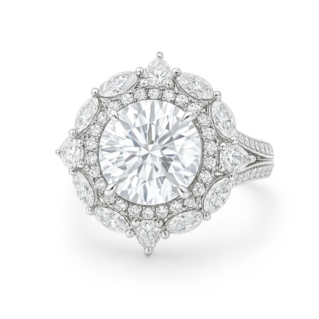 5 CT Lab Grown Round Brilliant Diamond Floral Halo Ring with Marquise Accents in 14K White Gold: Exquisite 5 carat lab grown round brilliant cut diamond centerpiece, surrounded by a floral halo of lab grown marquise and round accent diamonds. Crafted in 14K white gold with a detailed pavé band, 