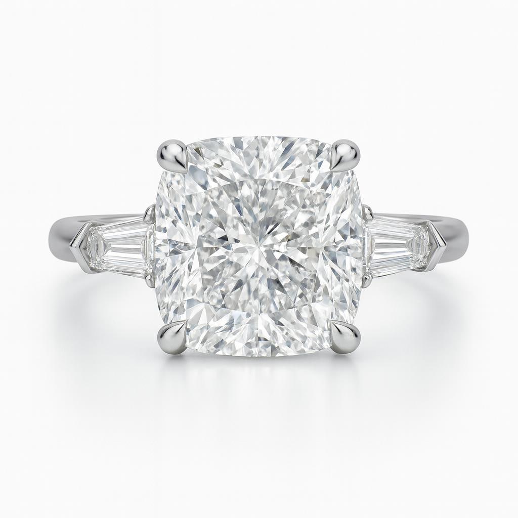 7.50 CT Lab Grown Cushion Cut Diamond Ring with Tapered Baguette Side Stones in 14K White Gold: Stunning 7.50 carat lab grown cushion cut diamond centerpiece, accented with tapered baguette side stones for a luxurious three-stone design. Crafted in 14K white gold with a sleek high-polish finish,