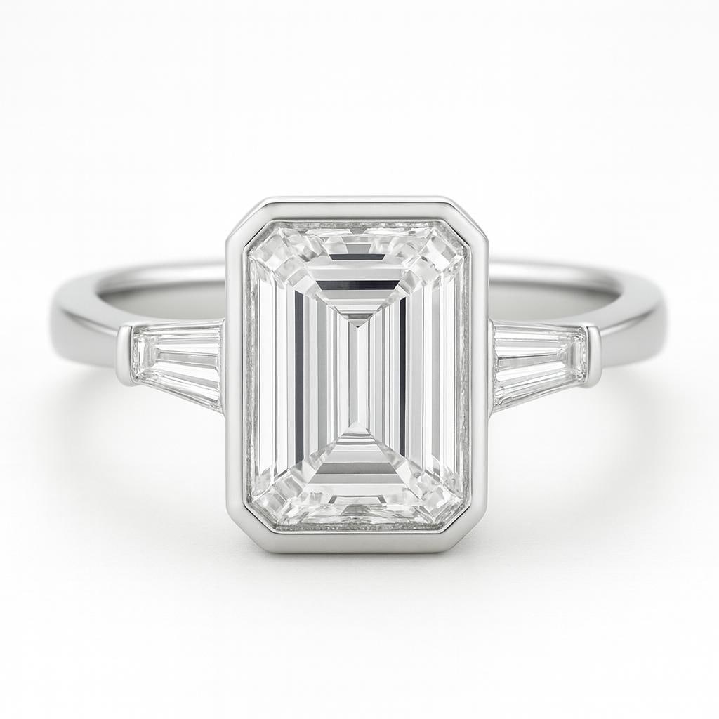 5.50 CT Lab Grown Emerald Cut Bezel Set Diamond Ring with Tapered Baguette Side Stones in 14K White: Elegant 5.50 carat lab grown emerald cut diamond centerpiece in a sleek bezel setting, accented with tapered baguette side stones for a refined three-stone look. Crafted in 14K white gold with a high-