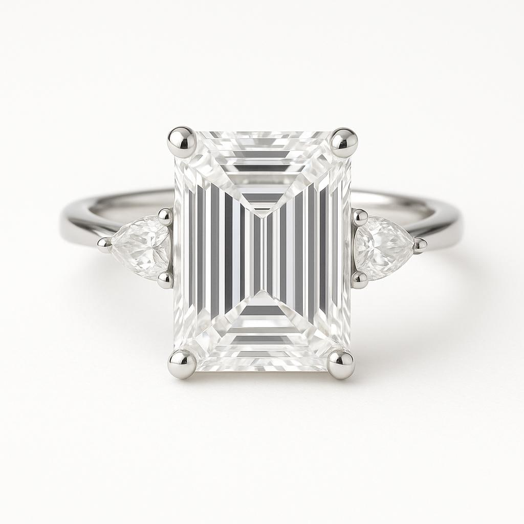 5.50 CT Lab Grown Emerald Cut Diamond Ring with Round Side Stones in 14K White Gold: Stunning 5.50 carat lab grown emerald cut diamond centerpiece, flanked by clusters of lab grown round brilliant side stones on each shoulder. Expertly crafted in 14K white gold with a high-polish fini