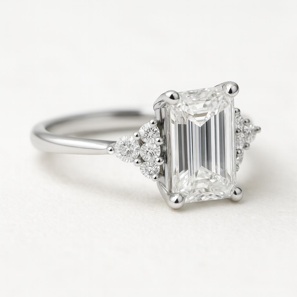 5 CT Lab Grown Emerald Cut Diamond Ring with Round & Pear Side Stones in 14K White Gold: Elegant 5 carat lab grown emerald cut diamond centerpiece, accented by clusters of lab grown round brilliant and pear-shaped side stones. Expertly set in 14K white gold with a sleek high-polish finish