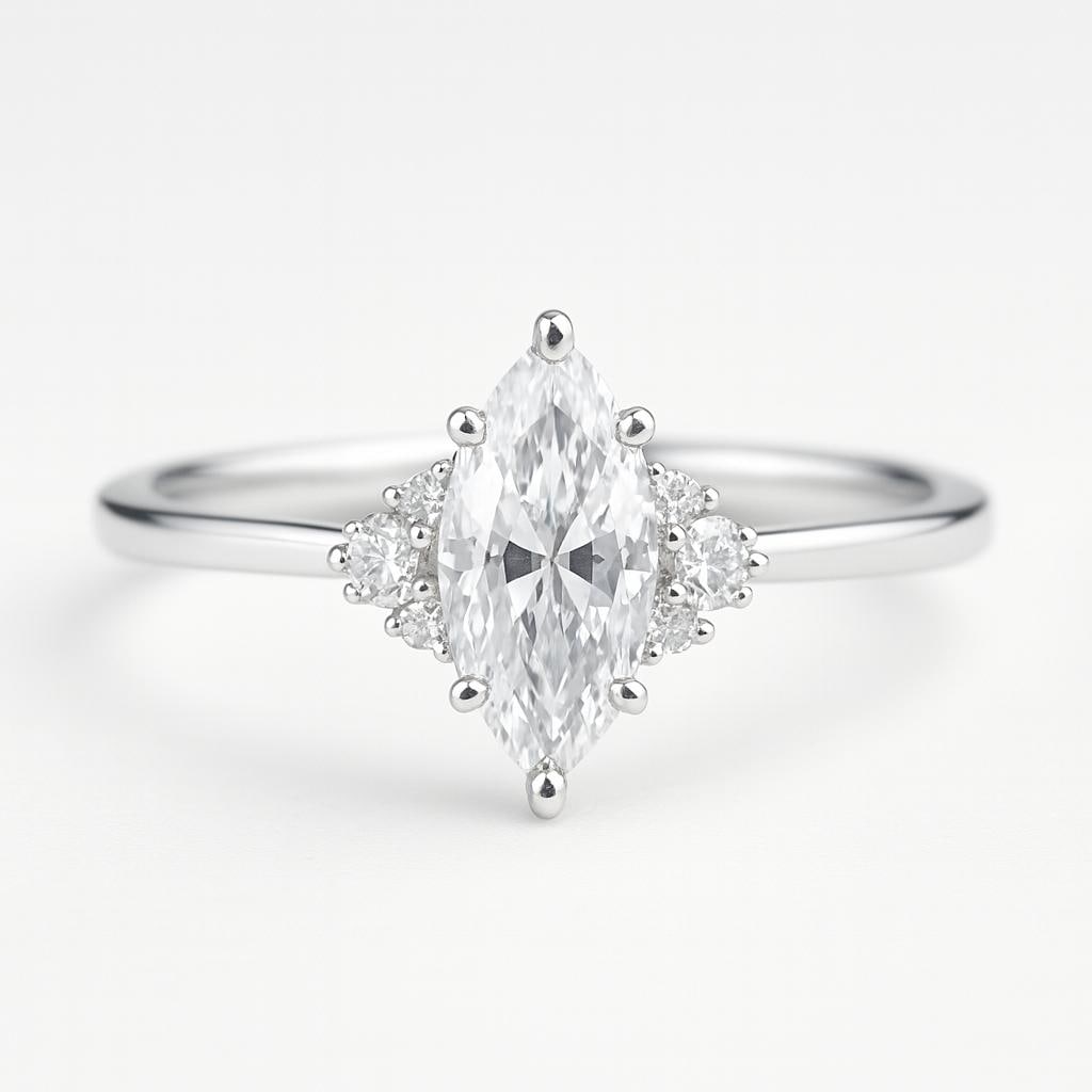 5.50 CT Lab Grown Emerald Cut Diamond Ring with Marquise & Round Side Stones in 14K White Gold: Stunning 5.50 carat lab grown emerald cut diamond centerpiece, accented by marquise and round side stones for a floral-inspired design. Crafted in 14K white gold with a high-polish finish, this elegan