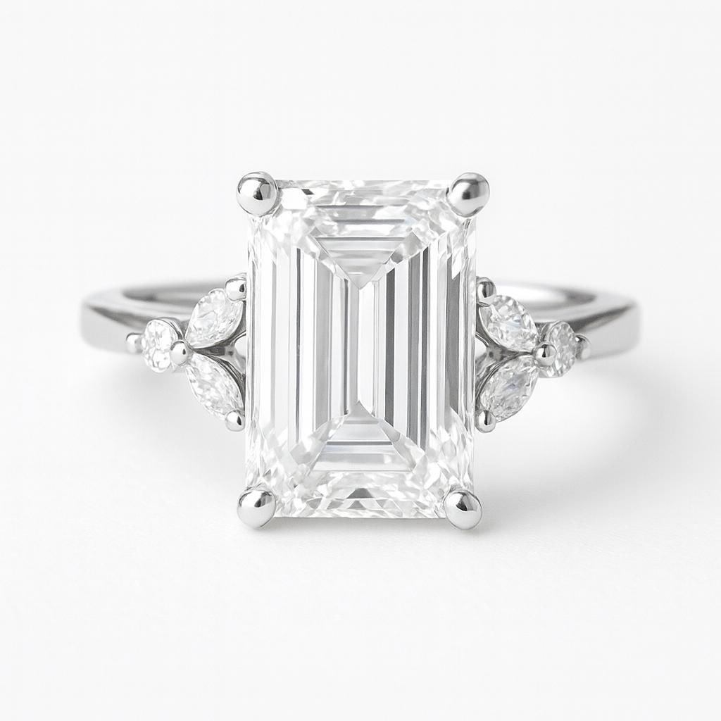 6.50 CT Lab Grown Oval Cut Diamond Vintage Halo Ring in 14K White Gold: Exquisite 6.50 carat lab grown oval cut diamond centerpiece, surrounded by a scalloped vintage-inspired halo of lab grown round diamonds. The band features intricate pavé detailing in 14K white gold,