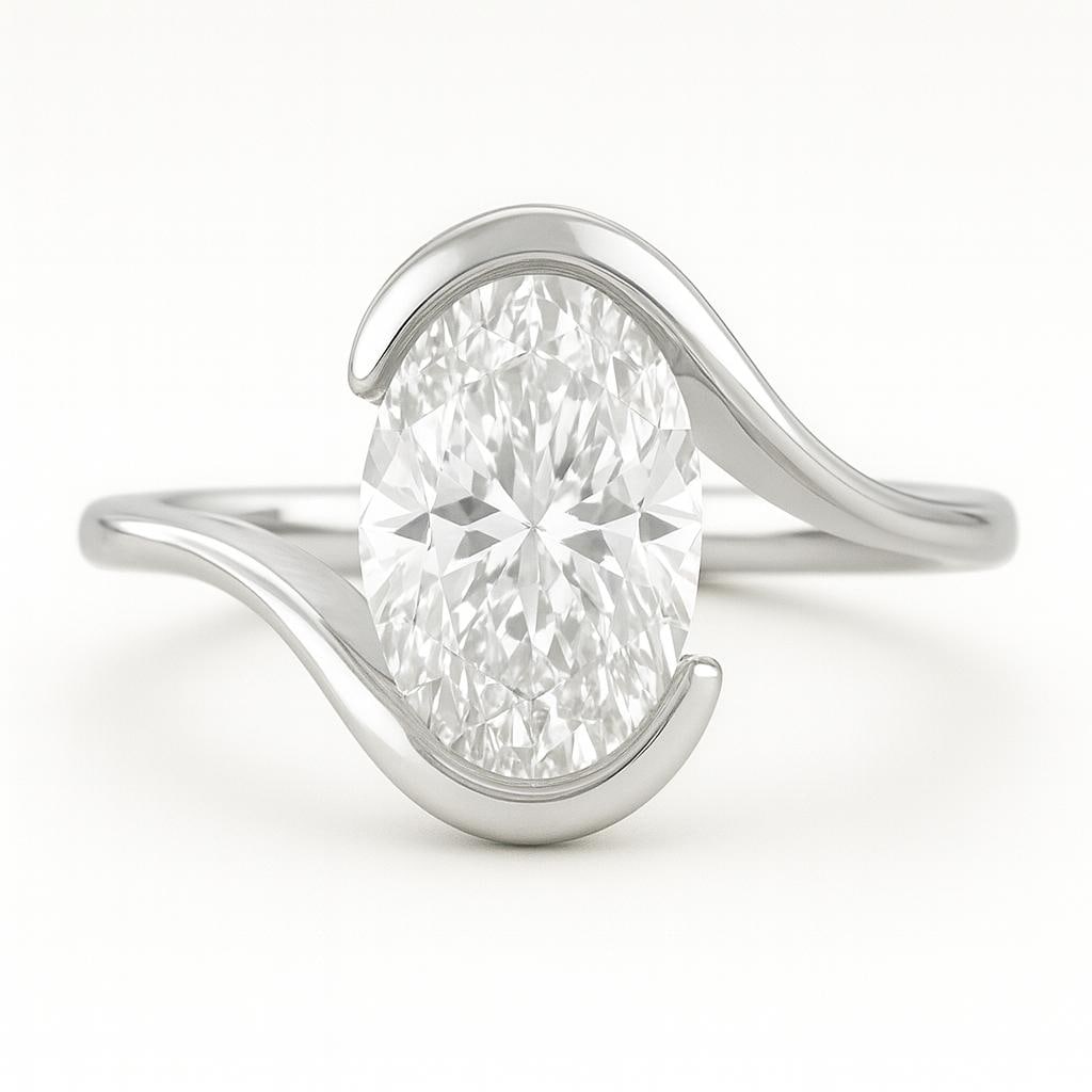 5.50 CT Lab Grown Oval Cut Diamond Solitaire Ring with Wave Bezel Design in 14K White Gold: Unique 5.50 carat lab grown oval cut diamond solitaire, secured in a modern wave bezel-inspired design. Crafted in 14K white gold with a high-polish finish, offering a contemporary twist on the classi