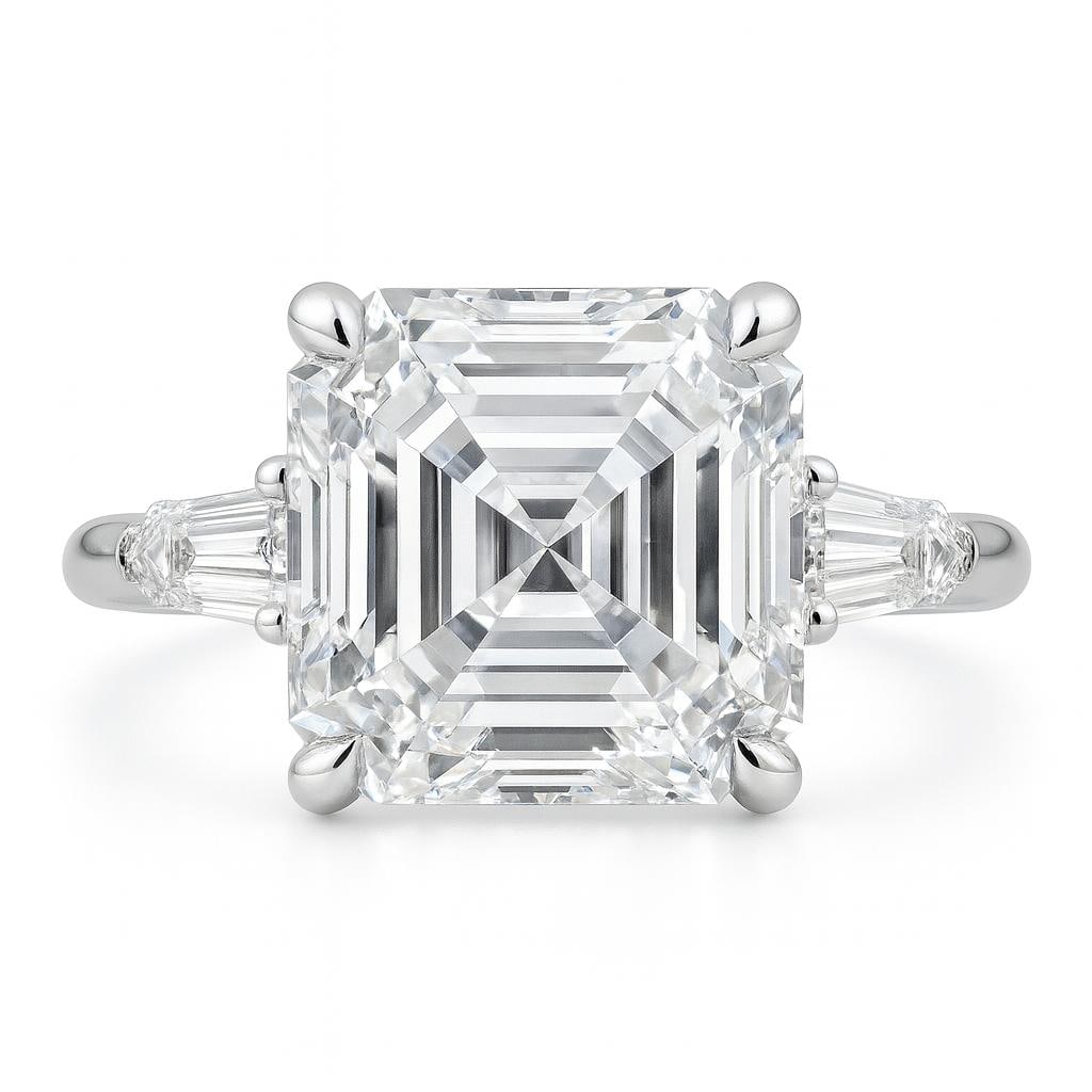 7.50 CT Lab Grown Asscher Cut Diamond Ring with Tapered Baguette Side Stones in 14K White Gold: Magnificent 7.50 carat lab grown asscher cut diamond centerpiece, flanked by tapered baguette side stones for a bold and sophisticated three-stone design. Crafted in 14K white gold with a sleek high-p