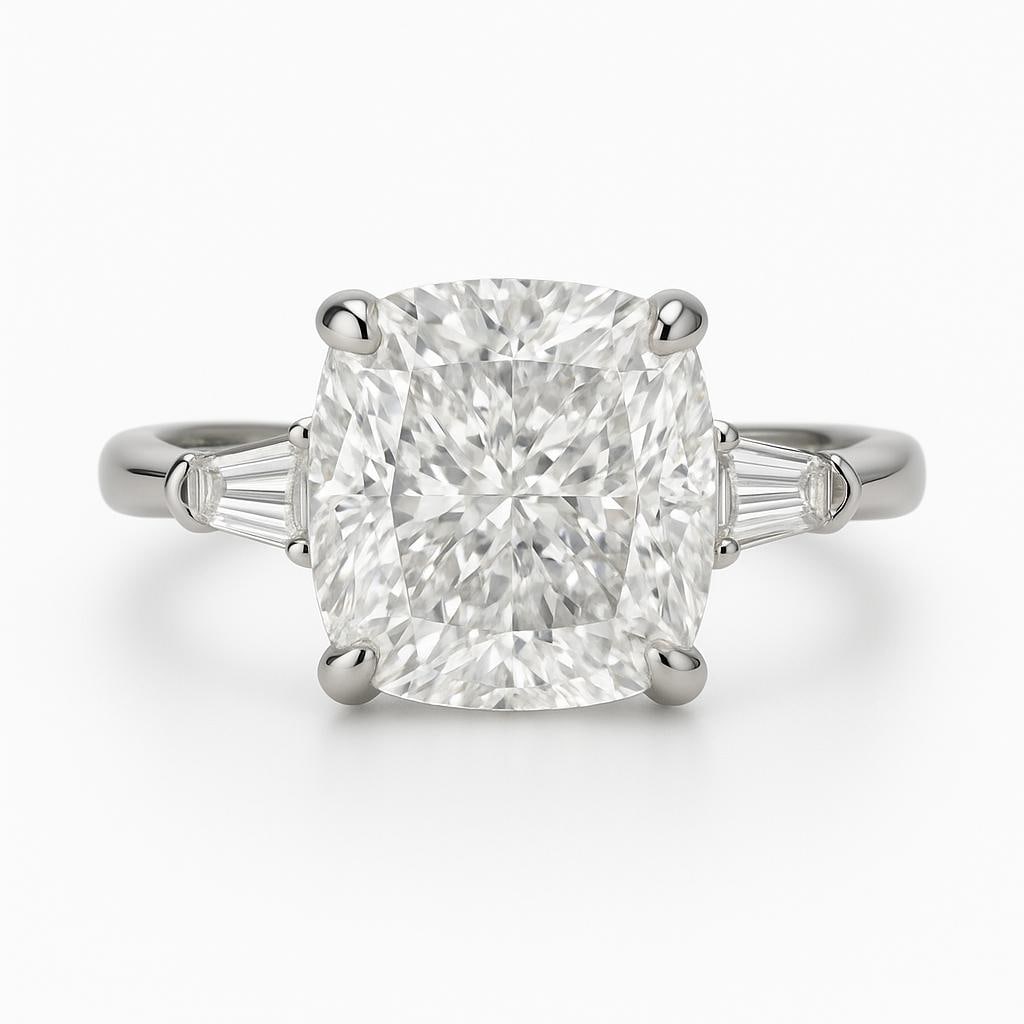 6.50 CT Lab Grown Cushion Cut Diamond Ring with Tapered Baguette Side Stones in 14K White Gold: Elegant 6.50 carat lab grown cushion cut diamond centerpiece, flanked by tapered baguette side stones for a luxurious three-stone design. Crafted in 14K white gold with a high-polish finish, combining