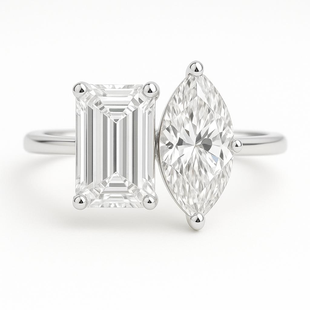 4 CT Lab Grown Emerald & Marquise Cut Diamond Two-Stone Bypass Ring in 14K White Gold: Unique 4 carat lab grown emerald cut and marquise cut diamonds, set in a modern two-stone bypass design. Crafted in 14K white gold with a sleek high-polish finish, this ring symbolizes duality and ele