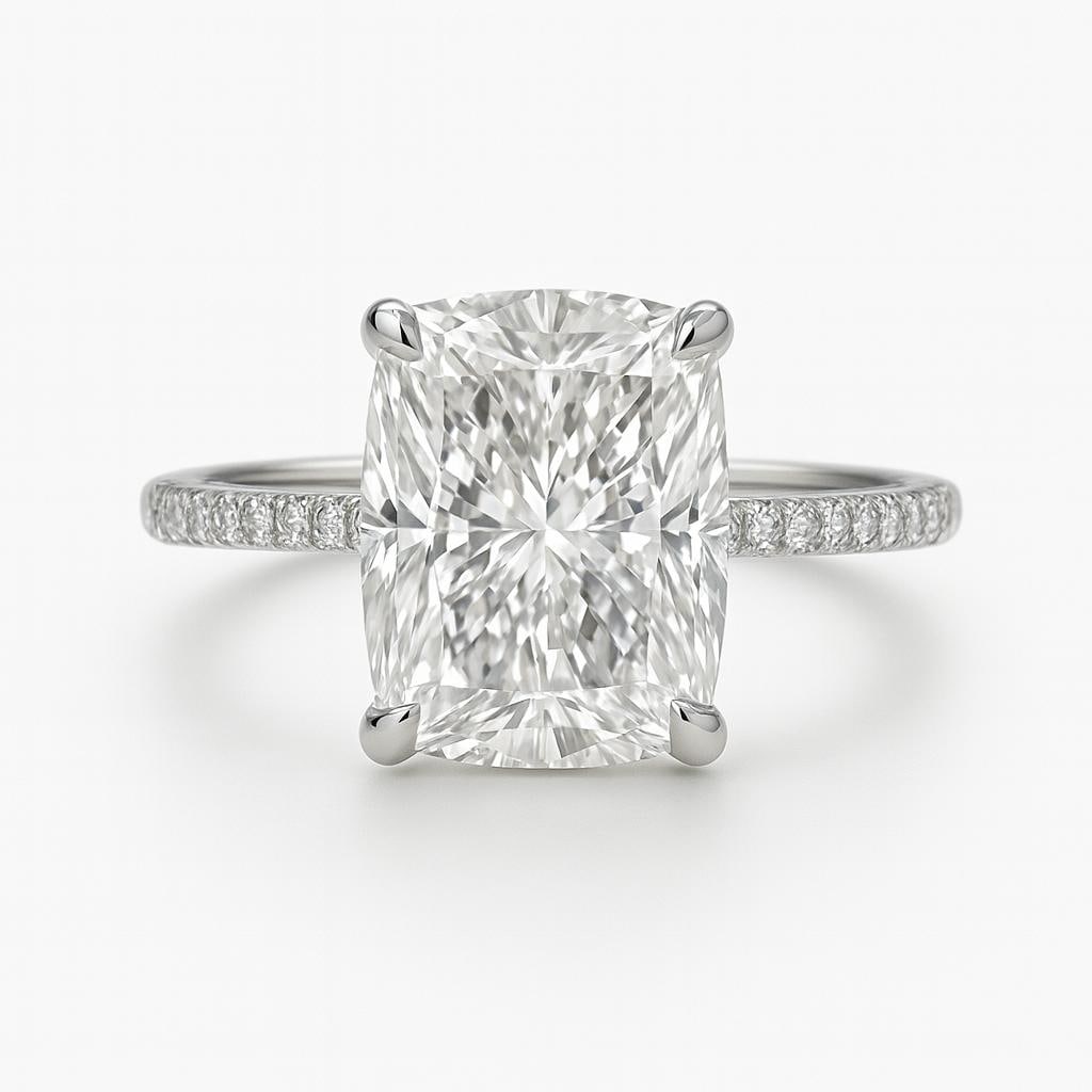 7.50 CT Lab Grown Cushion Cut Diamond Solitaire Ring with Pavé Band in 14K White Gold: Magnificent 7.50 carat lab grown cushion cut diamond solitaire, set in a secure four-prong setting. The pavé-set diamond band adds brilliance and sparkle, all crafted in 14K white gold with a high-po