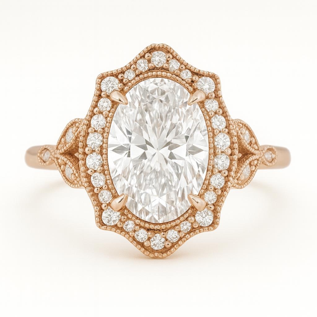 7.50 CT Lab Grown Oval Cut Diamond Vintage Halo Ring in 14K Rose Gold: Exquisite 7.50 carat lab grown oval cut diamond centerpiece, framed by a vintage-inspired halo of lab grown round diamonds. Crafted in 14K rose gold with milgrain detailing and pavé-set band, combini