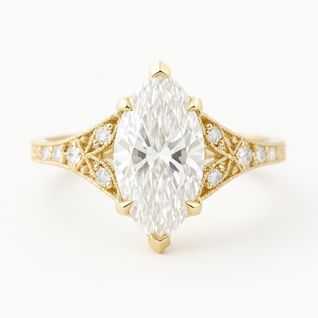 5.50 CT Lab Grown Marquise Cut Diamond Vintage Ring in 14K Yellow Gold: Elegant 5.50 carat lab grown marquise cut diamond centerpiece, set in a vintage-inspired 14K yellow gold band with intricate detailing. The band is further enhanced with pavé-set lab grown round diam