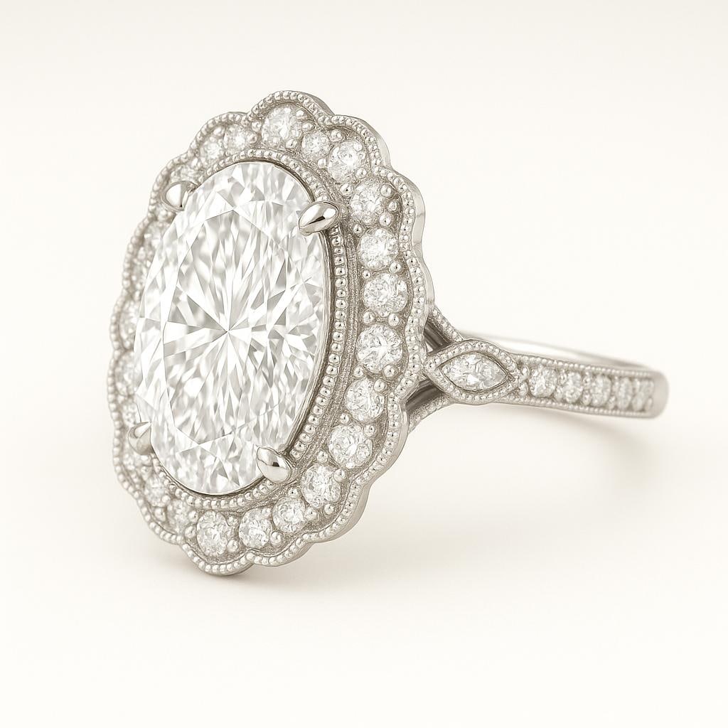 6.50 CT Lab Grown Oval Cut Diamond Vintage Halo Ring in 14K White Gold: Exquisite 6.50 carat lab grown oval cut diamond centerpiece, surrounded by a scalloped vintage-inspired halo of lab grown round diamonds. The band features intricate pavé detailing in 14K white gold,
