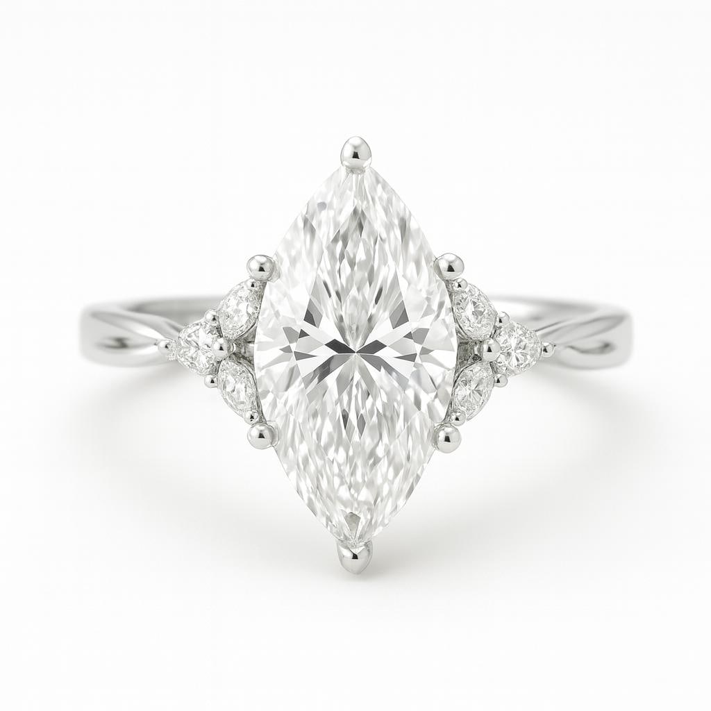 5.50 CT Lab Grown Marquise Cut Diamond Ring with Round & Pear Side Stones in 14K White Gold: Stunning 5.50 carat lab grown marquise cut diamond centerpiece, flanked by clusters of lab grown round and pear-shaped side stones. Expertly crafted in 14K white gold with a sleek high-polish finish, 