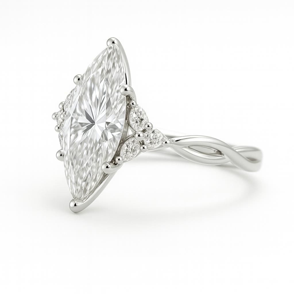 6.50 CT Lab Grown Marquise Cut Diamond Ring with Round Side Stones & Twisted Shank in 14K White Gold: Elegant 6.50 carat lab grown marquise cut diamond centerpiece, flanked by clusters of lab grown round brilliant side stones. The twisted shank design in 14K white gold adds a unique and modern touch, 