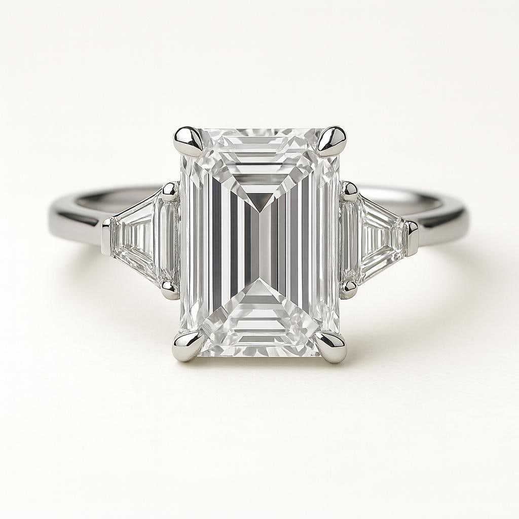 8.50 CT Lab Grown Emerald Cut Diamond Ring with Trapezoid Side Stones in 14K White Gold: Magnificent 8.50 carat lab grown emerald cut diamond centerpiece, flanked by lab grown trapezoid side stones for a bold three-stone design. Crafted in 14K white gold with a sleek high-polish finish, o
