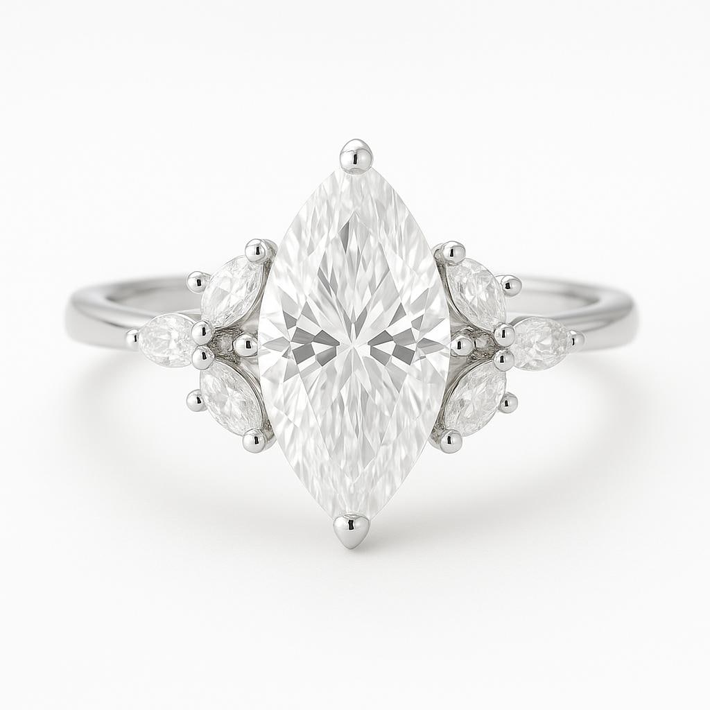 5 CT Lab Grown Marquise Cut Diamond Ring with Marquise & Round Side Stones in 14K White Gold: Elegant 5 carat lab grown marquise cut diamond centerpiece, flanked by a combination of marquise and round lab grown side stones for a floral-inspired design. Crafted in 14K white gold with a polished