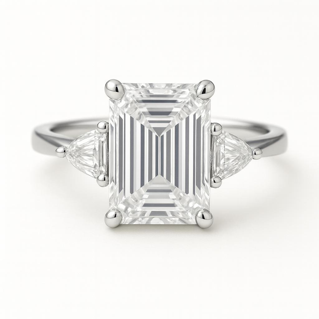5.50 CT Lab Grown Emerald Cut Diamond Ring with Trillion Side Stones in 14K White Gold: Elegant 5.50 carat lab grown emerald cut diamond centerpiece, flanked by a pair of lab grown trillion cut side stones. Crafted in 14K white gold with a sleek high-polish finish, this three-stone desig