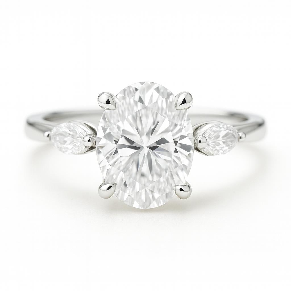 5 CT Lab Grown Oval Cut Diamond Ring with Marquise Side Stones in 14K White Gold: Elegant 5 carat lab grown oval cut diamond centerpiece, accented by a pair of lab grown marquise side stones. Crafted in 14K white gold with a sleek high-polish finish, this three-stone design exudes 
