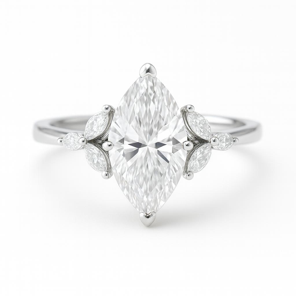 5.50 CT Lab Grown Marquise Cut Diamond Ring with Marquise & Round Side Stones in 14K White Gold: Stunning 5.50 carat lab grown marquise cut diamond centerpiece, accented by marquise and round side stones for a floral-inspired design. Crafted in 14K white gold with a high-polish finish, this elega