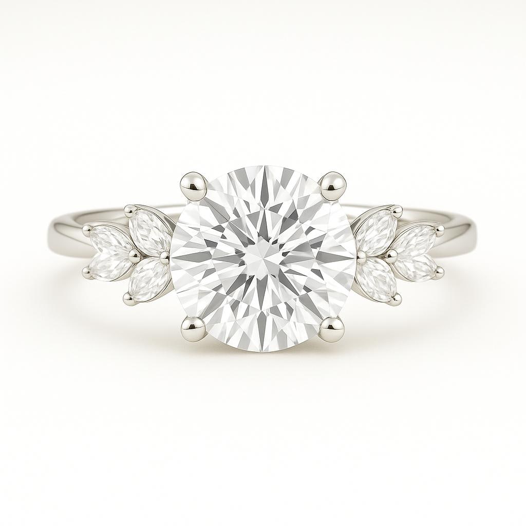 4.50 CT Lab Grown Round Brilliant Diamond Ring with Marquise Side Stones in 14K White Gold: Elegant 4.50 carat lab grown round brilliant cut diamond centerpiece, accented by lab grown marquise side stones for a floral-inspired design. Crafted in 14K white gold with a polished finish, this ri