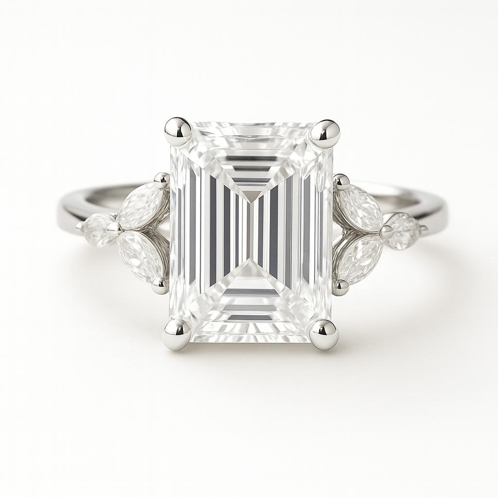 5 CT Lab Grown Emerald Cut Diamond Ring with Marquise Side Stones in 14K White Gold: Elegant 5 carat lab grown emerald cut diamond centerpiece, flanked by a pair of marquise cut side stones on each shoulder for a floral-inspired look. Crafted in 14K white gold with a polished finish, 