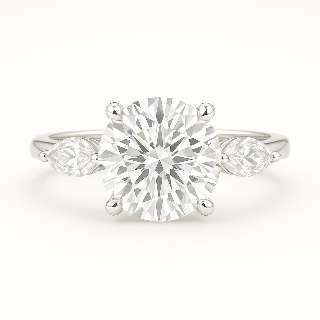 4 CT Lab Grown Round Brilliant Diamond Ring with Marquise Side Stones in 14K White Gold: Classic 4 carat lab grown round brilliant cut diamond centerpiece, flanked by a pair of marquise cut side stones for a timeless three-stone look. Crafted in 14K white gold with a sleek high-polish fin