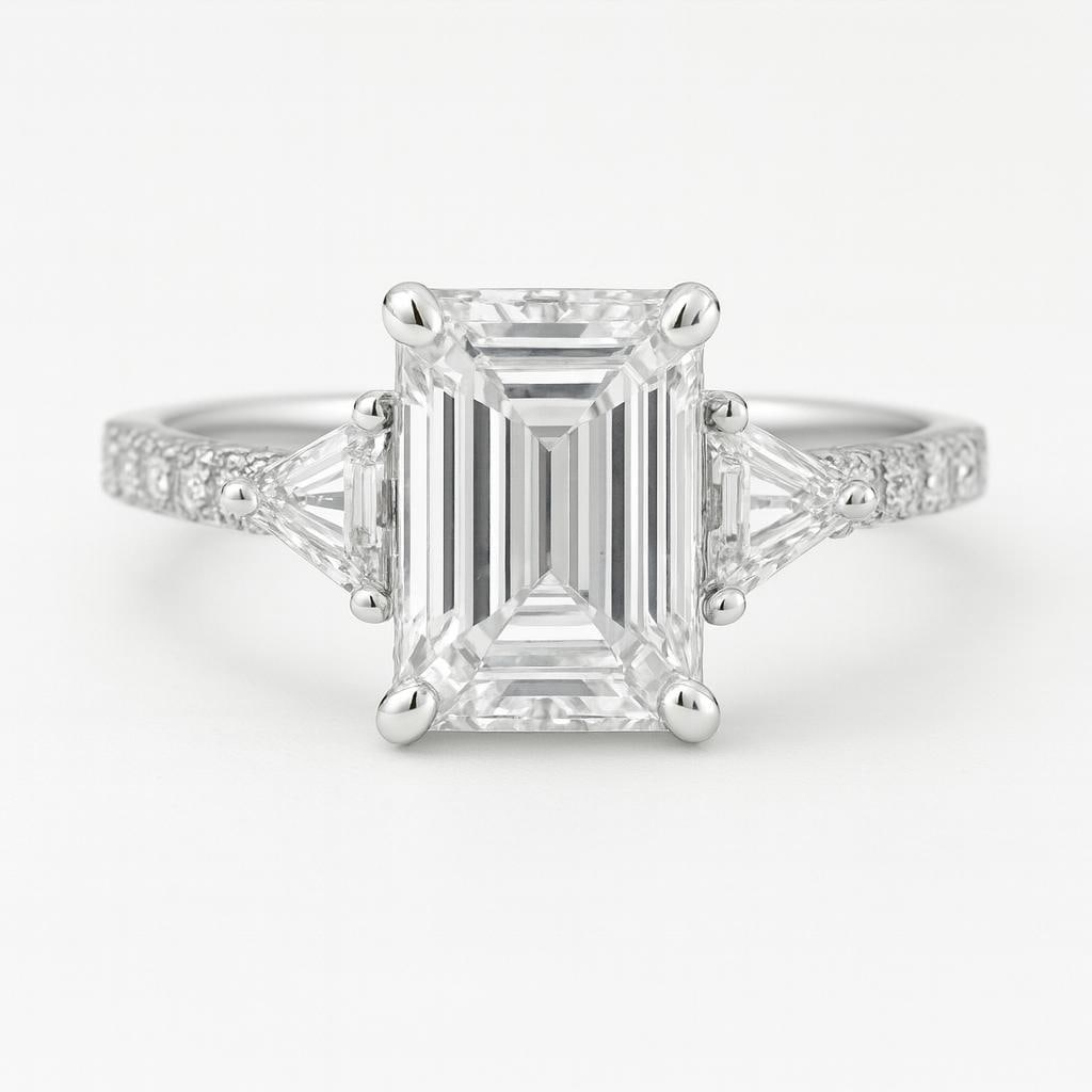 5.50 CT Lab Grown Emerald Cut Diamond Ring with Trillion Side Stones & Pavé Band in 14K White Gold: Elegant 5.50 carat lab grown emerald cut diamond centerpiece, accented with a pair of lab grown trillion cut side stones. The pavé-set diamond band crafted in 14K white gold adds brilliance and timel