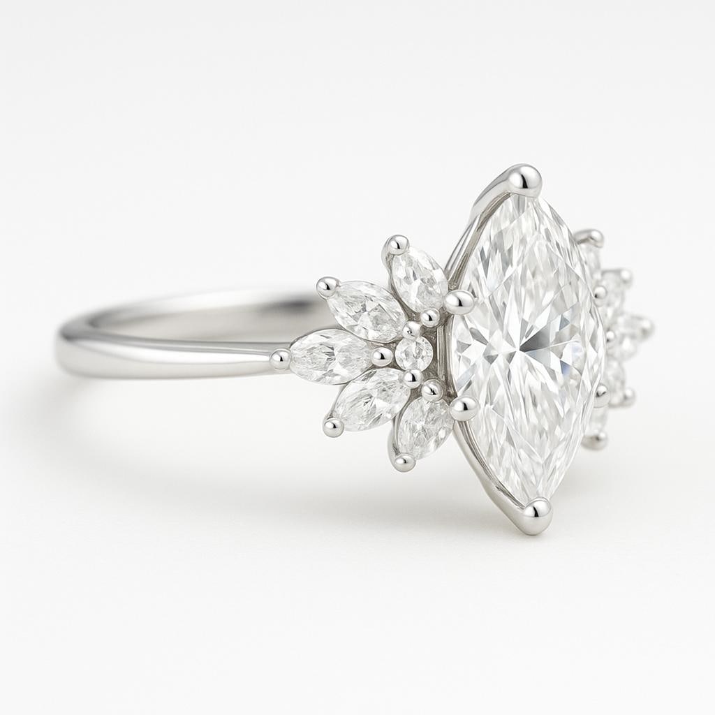 3.50 CT Lab Grown Marquise Cut Diamond Ring with Floral Marquise Side Stones in 14K White Gold: Exquisite 3.50 carat lab grown marquise cut diamond centerpiece, accented with clusters of marquise cut lab grown side stones arranged in a floral-inspired design. Crafted in 14K white gold with a pol