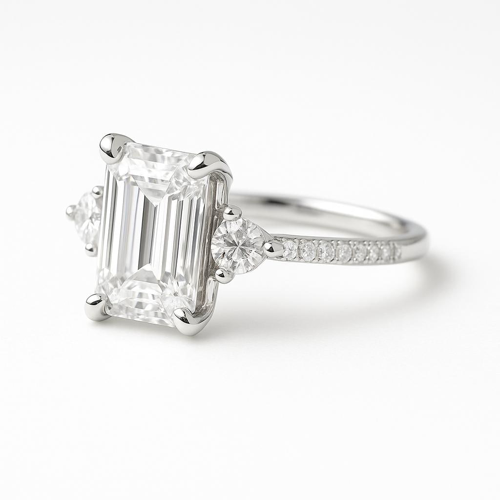 4 CT Lab Grown Emerald Cut Diamond Ring with Round Side Stones & Pavé Band in 14K White Gold: Elegant 4 carat lab grown emerald cut diamond centerpiece, accented by a pair of round brilliant side stones for a refined three-stone look. The pavé-set diamond band adds brilliance and sophisticati