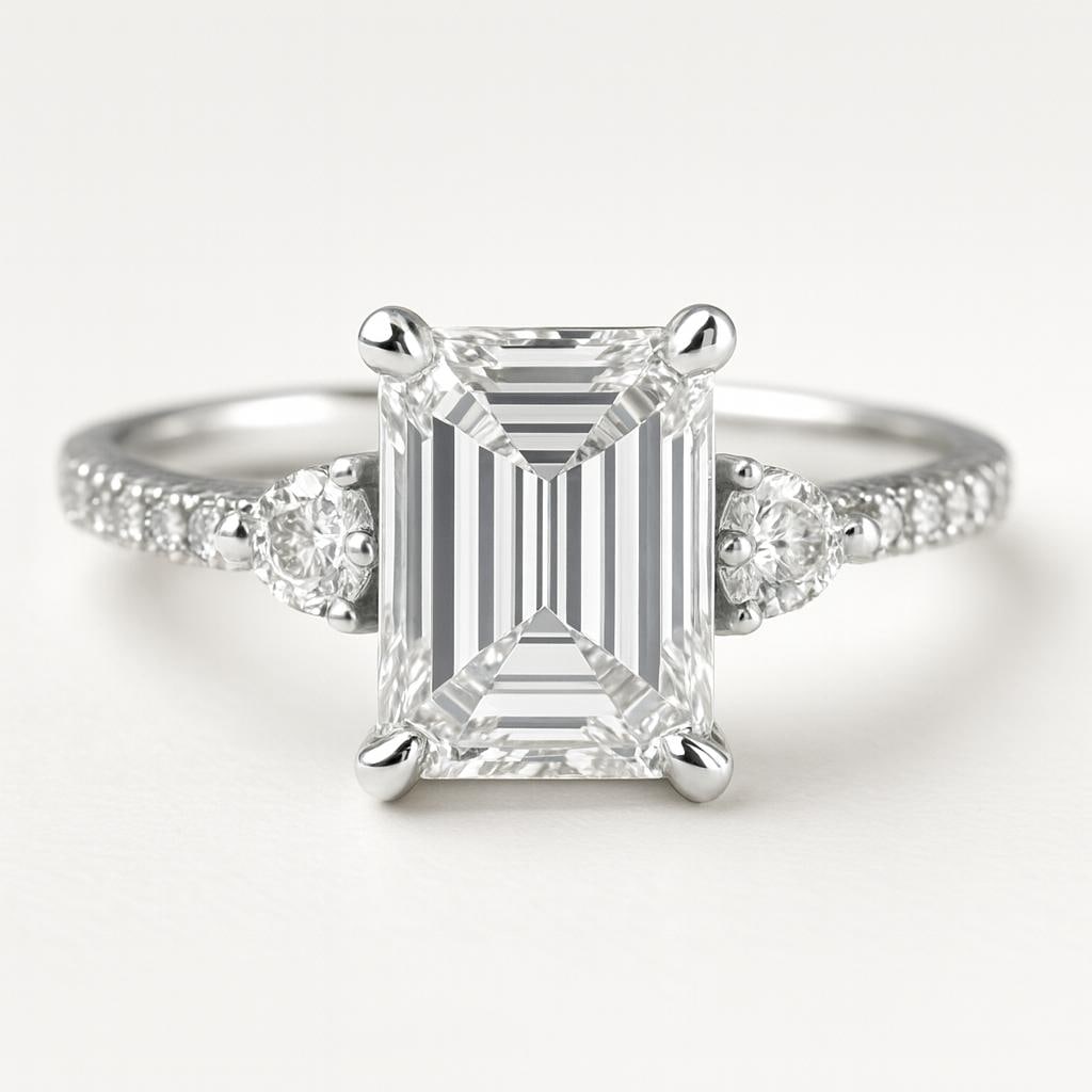4.50 CT Lab Grown Emerald Cut Diamond Ring with Round Side Stones & Pavé Band in 14K White Gold: Elegant 4.50 carat lab grown emerald cut diamond centerpiece, flanked by round brilliant side stones for a refined three-stone look. The pavé-set diamond band enhances sparkle and sophistication, all