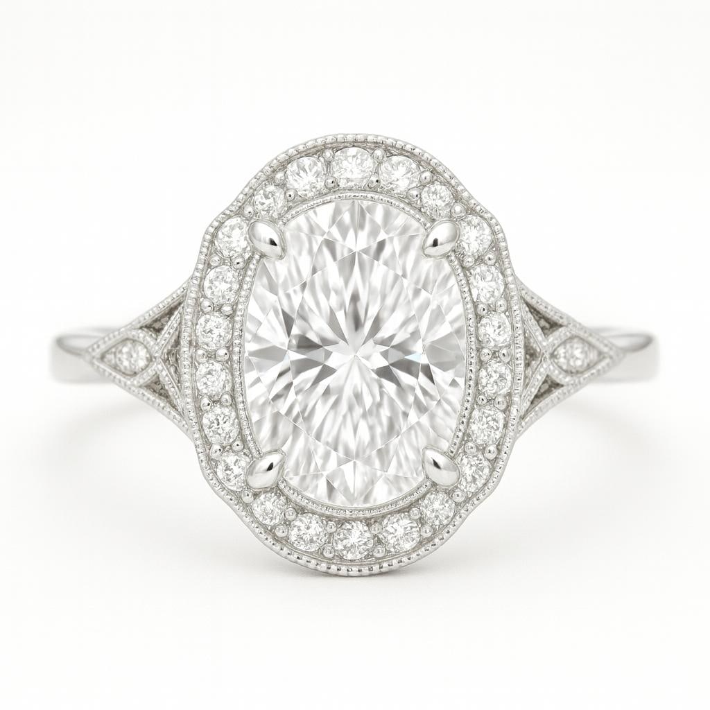 7.50 CT Lab Grown Oval Cut Diamond Vintage Halo Ring in 14K White Gold: Exquisite 7.50 carat lab grown oval cut diamond centerpiece, encircled by a vintage-inspired halo of sparkling lab grown round diamonds. The ring features intricate milgrain detailing and a lattice-st