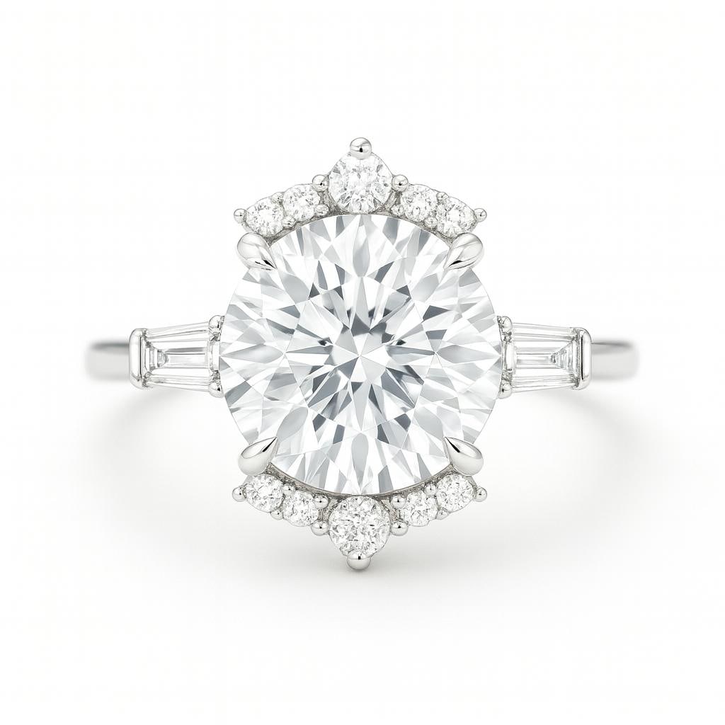 4 CT Lab Grown Round Brilliant Diamond Ring with Baguette and Halo Accents in 14K White Gold: Brilliant 4 carat lab grown round brilliant cut diamond centerpiece, enhanced with baguette side stones and delicate halo accents of lab grown round diamonds above and below the center. Crafted in 14K