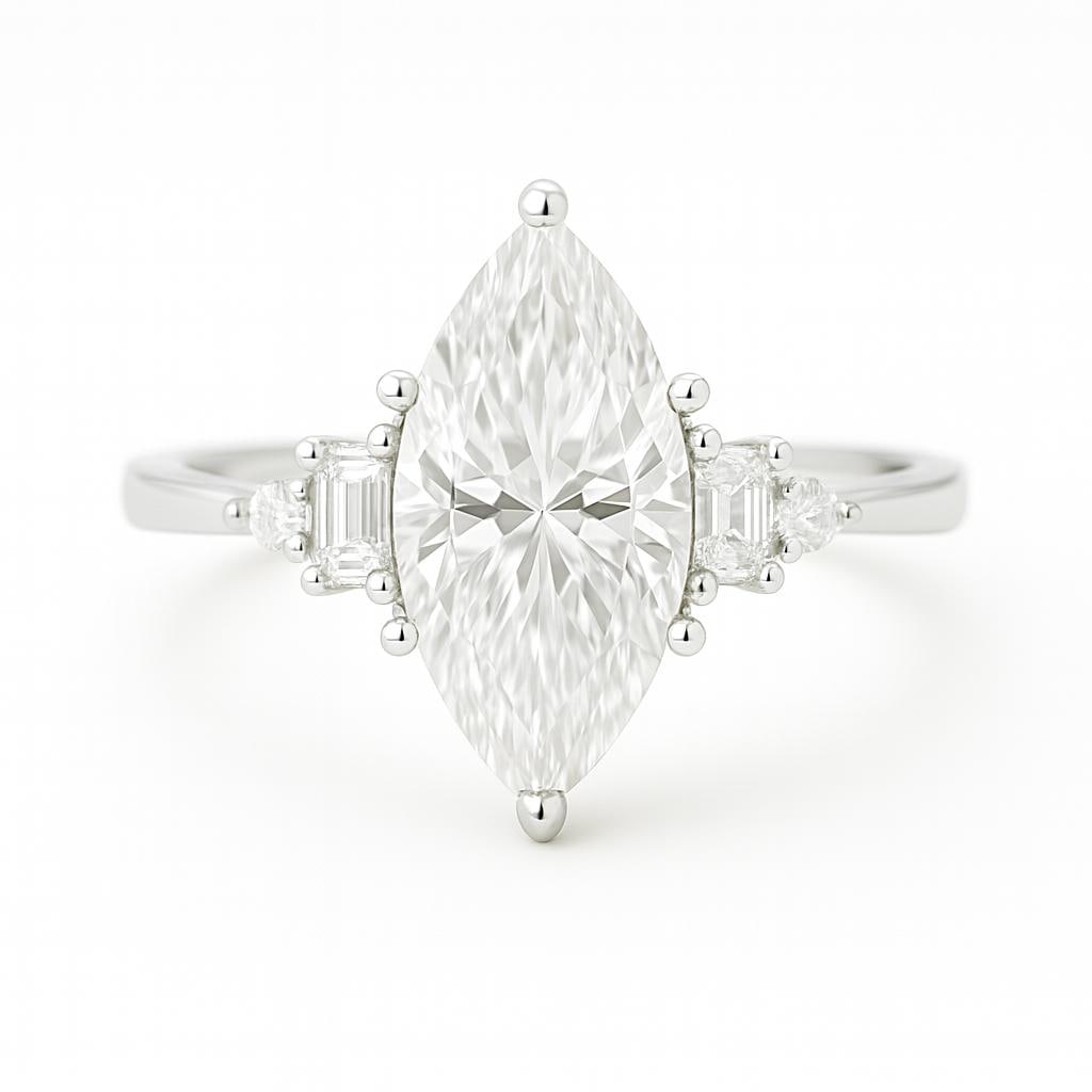 4.50 CT Lab Grown Marquise Cut Diamond Ring with Baguette & Round Side Stones in 14K White Gold: Exquisite 4.50 carat lab grown marquise cut diamond centerpiece, flanked by baguette cut side stones and accented with round brilliant diamonds for added brilliance. Crafted in 14K white gold with a h