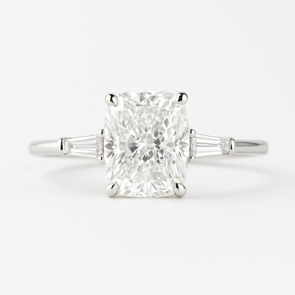 4.50 CT Lab Grown Cushion Cut Diamond Ring with Tapered Baguette Side Stones in 14K White Gold: Elegant 4.50 carat lab grown cushion cut diamond centerpiece, flanked by tapered baguette side stones for a refined and timeless three-stone look. Expertly crafted in 14K white gold with a high-polish
