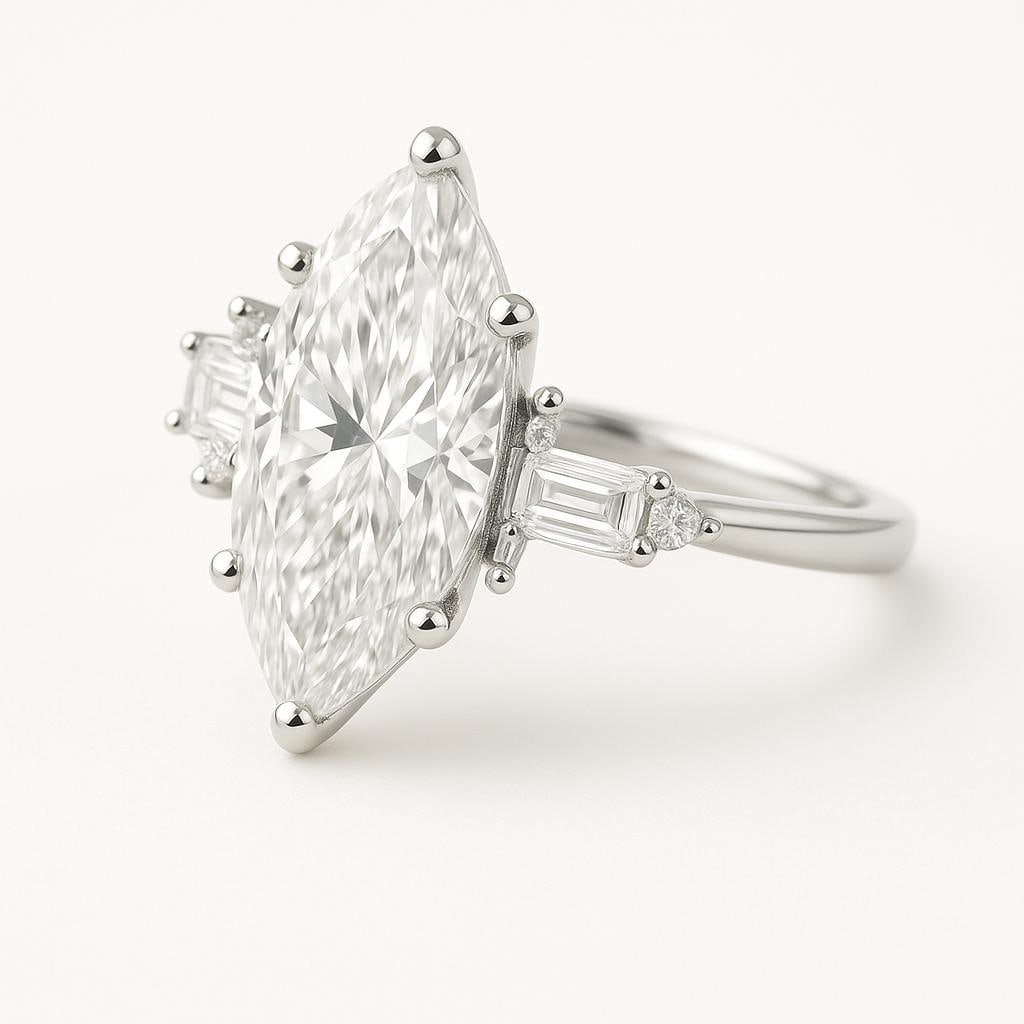 4 CT Lab Grown Marquise Cut Diamond Ring with Baguette & Round Side Stones in 14K White Gold: Brilliant 4 carat lab grown marquise cut diamond centerpiece, enhanced with baguette side stones and round accents on each side for a refined and balanced three-stone look. Expertly crafted in 14K whi