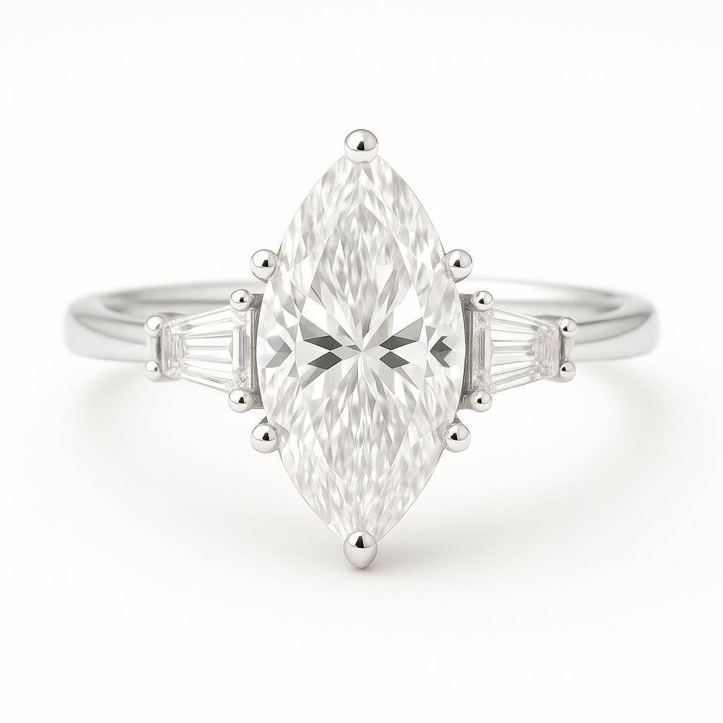 4.50 CT Lab Grown Marquise Cut Diamond Ring with Tapered Baguette Side Stones in 14K White Gold: Elegant 4.50 carat lab grown marquise cut diamond centerpiece, flanked by tapered baguette side stones for a balanced and timeless three-stone design. Crafted in 14K white gold with a sleek polished f