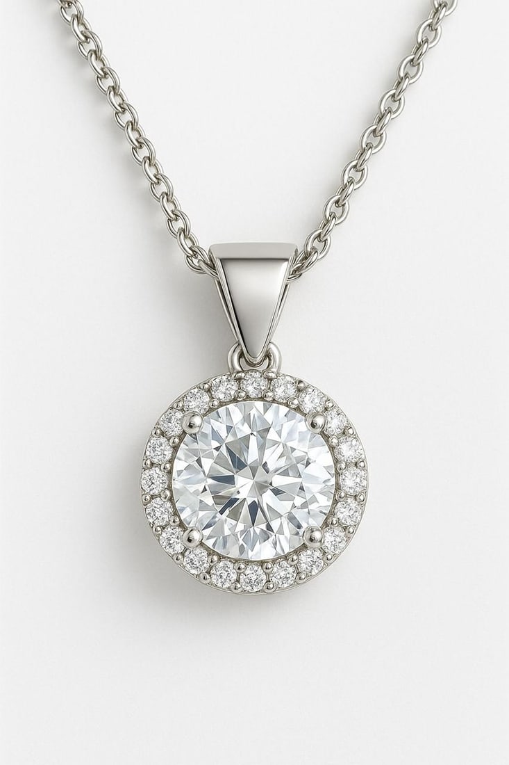 3 CT Lab Grown Round Brilliant Diamond Halo Pendant in 14K White Gold: Chic 3 carat lab grown round brilliant cut diamond centerpiece, encircled by a halo of sparkling lab grown round diamonds. Expertly crafted in 14K white gold with a high-polish finish, this pendant is