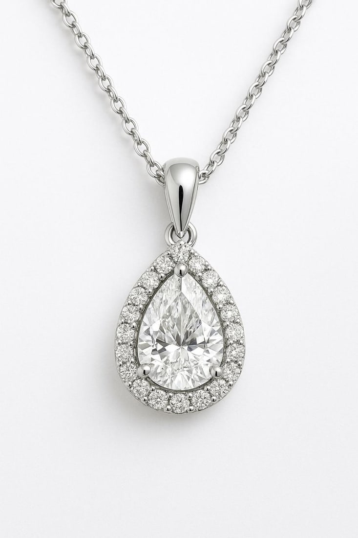 2.50 CT Lab Grown Pear Cut Diamond Halo Pendant in 14K White Gold: Elegant 2.50 carat lab grown pear cut diamond centerpiece, surrounded by a halo of sparkling lab grown round diamonds. Expertly crafted in 14K white gold with a high-polish finish, this pendant is sus