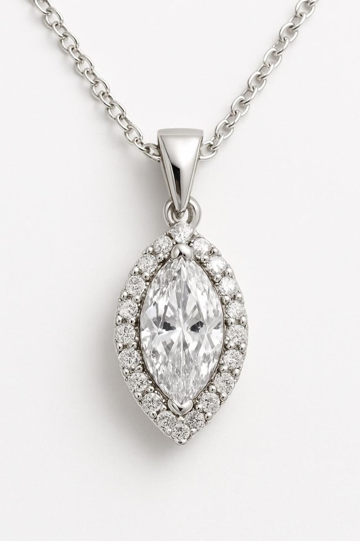 1.50 CT Lab Grown Marquise Cut Diamond Halo Pendant in 14K White Gold: Delicate 1.50 carat lab grown marquise cut diamond centerpiece, surrounded by a halo of sparkling lab grown round diamonds. Expertly crafted in 14K white gold with a polished finish, this pendant is s