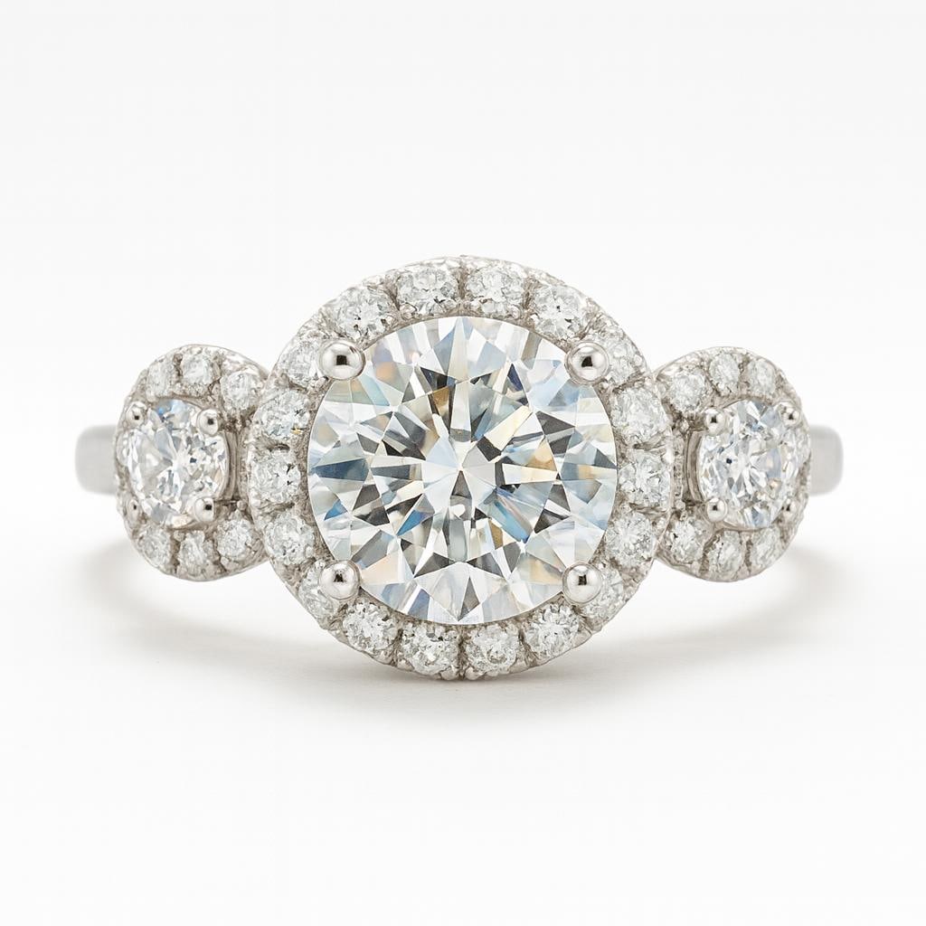 3.50 CT Lab Grown Round Brilliant Three-Stone Halo Diamond Ring in 14K White Gold: Exquisite 3.50 carat lab grown round brilliant cut diamond centerpiece, flanked by two round side stones. Each stone is encircled by a halo of sparkling lab grown diamonds, adding maximum brilliance. 